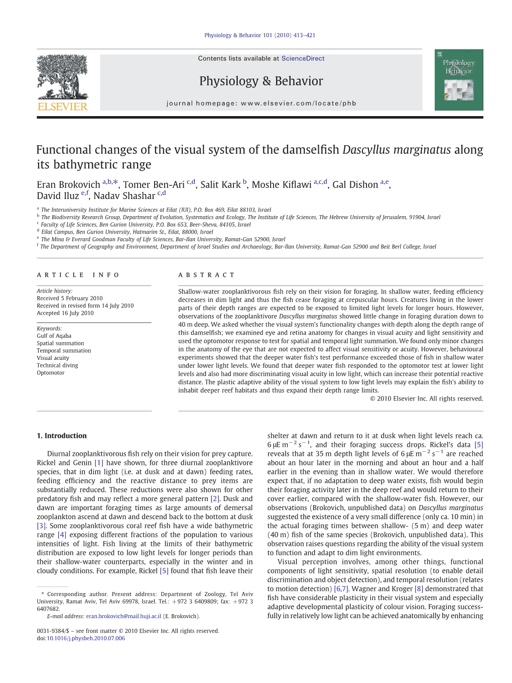 Functional Changes of the Visual System of the Damselfish Dascyllus