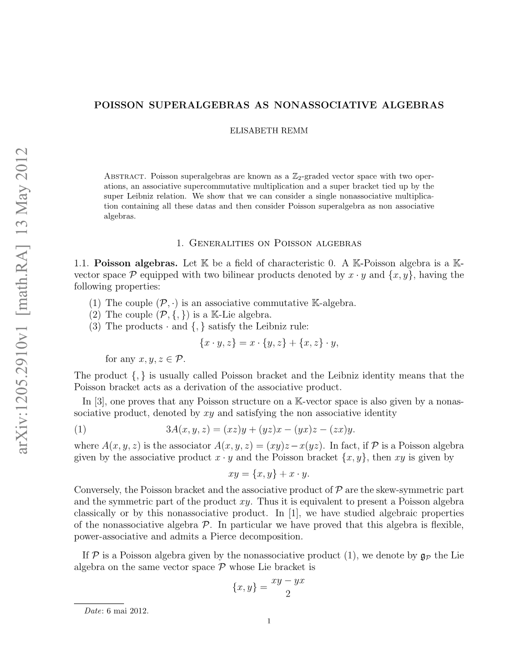 Arxiv:1205.2910V1 [Math.RA] 13 May 2012 1.1