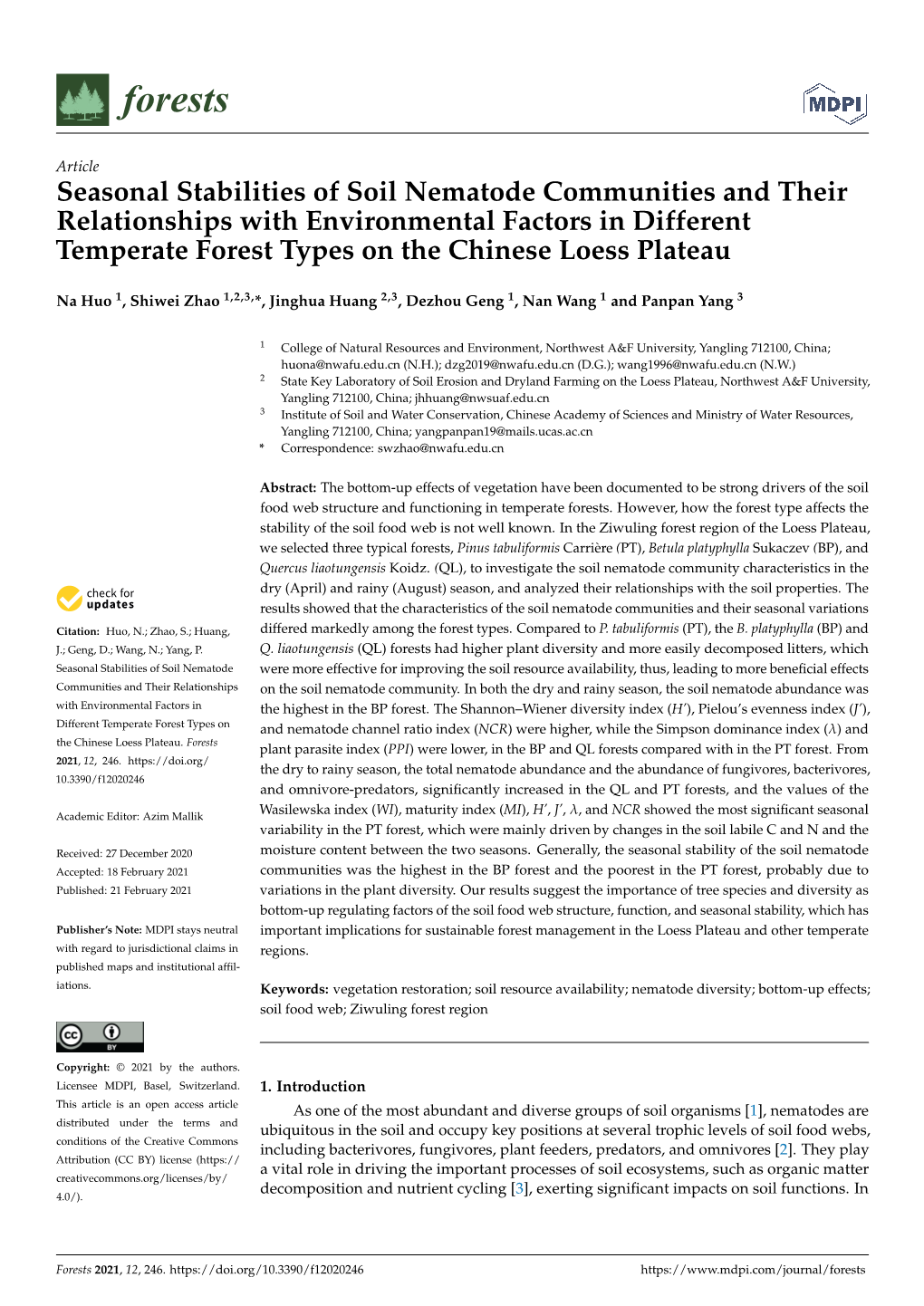 Seasonal Stabilities of Soil Nematode Communities and Their Relationships with Environmental Factors in Different Temperate Forest Types on the Chinese Loess Plateau