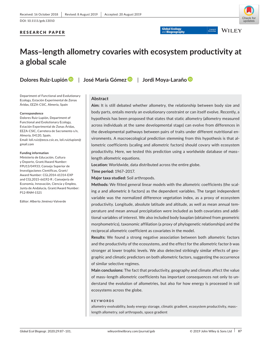 Mass–Length Allometry Covaries with Ecosystem Productivity at a Global Scale