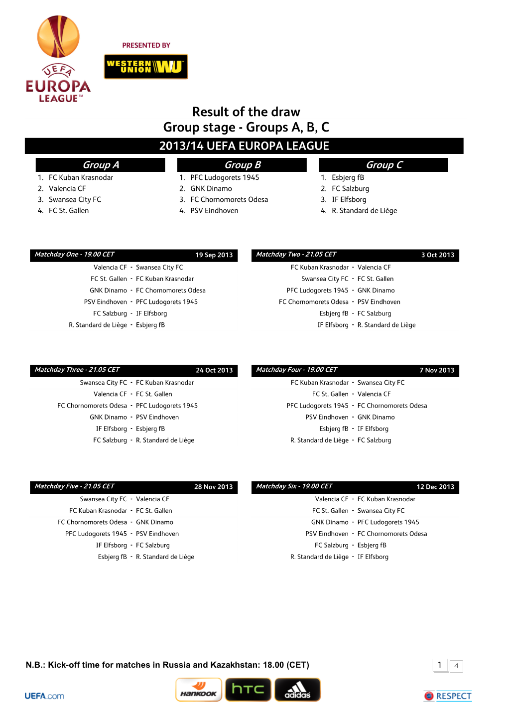 Result of the Draw Group Stage - Groups A, B, C 2013/14 UEFA EUROPA LEAGUE Group a Group B Group C 1