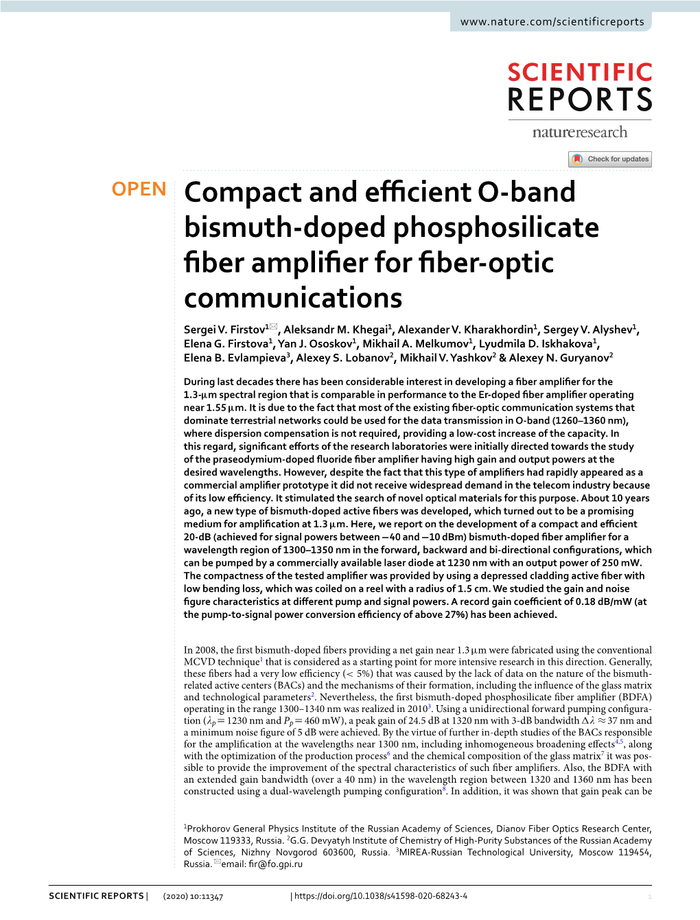 Compact and Efficient O-Band Bismuth-Doped Phosphosilicate Fiber Amplifier for Fiber-Optic Communications