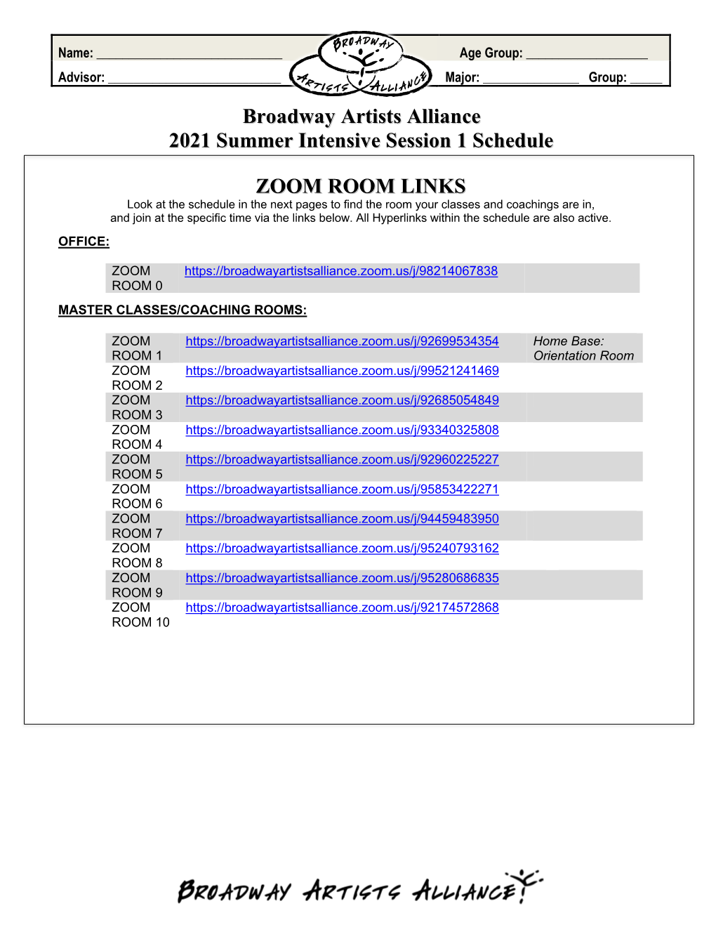 Broadway Artists Alliance 2021 Summer Intensive Session 1 Schedule