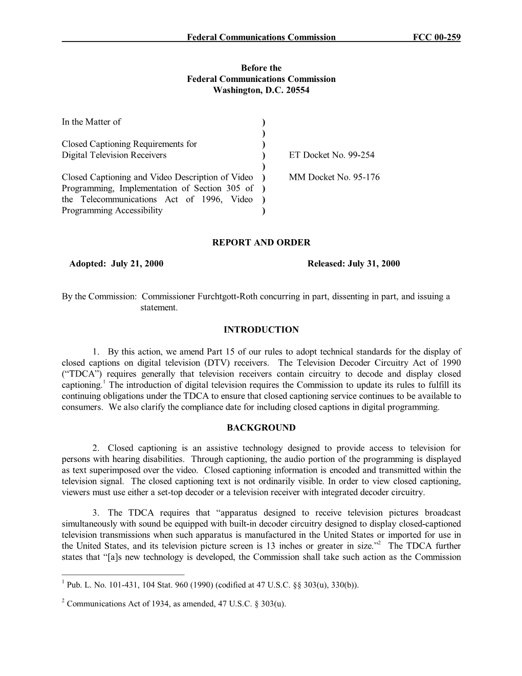 Federal Communications Commission FCC 00-259 Before the Federal