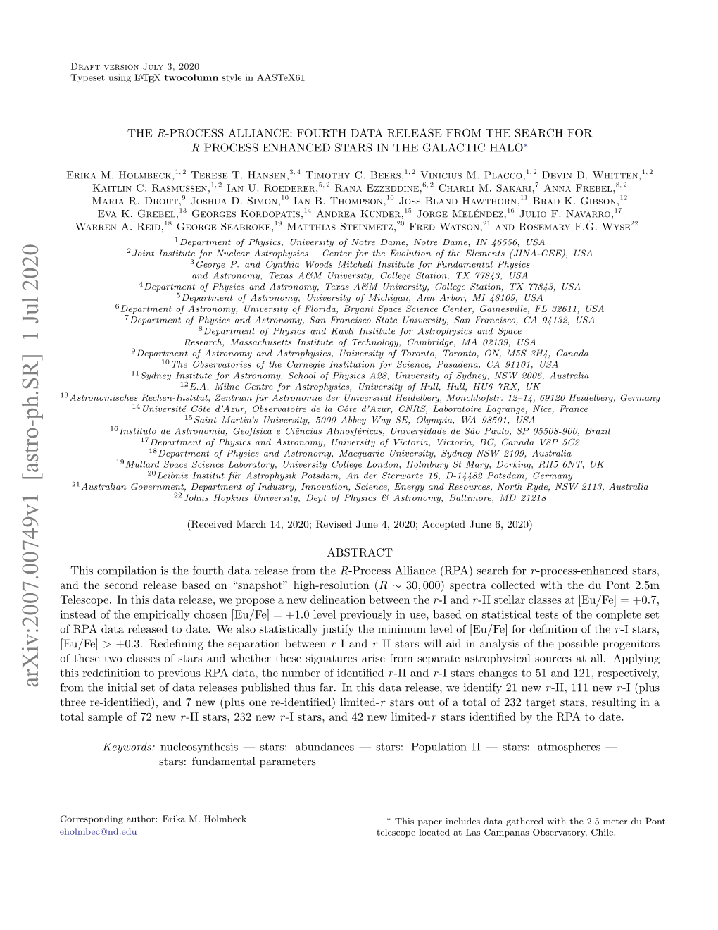 Arxiv:2007.00749V1 [Astro-Ph.SR] 1 Jul 2020 from the Initial Set of Data Releases Published Thus Far