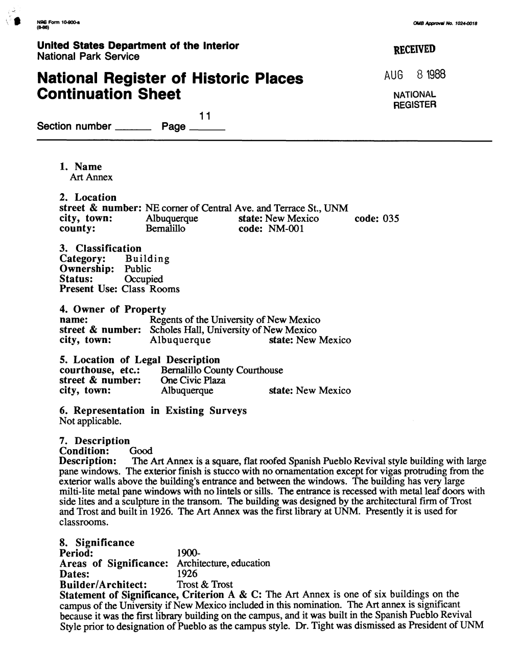 National Register of Historic Places AUG 8 M Continuation Sheet NATIONAL REGISTER 11 Section Number ____ Page ____