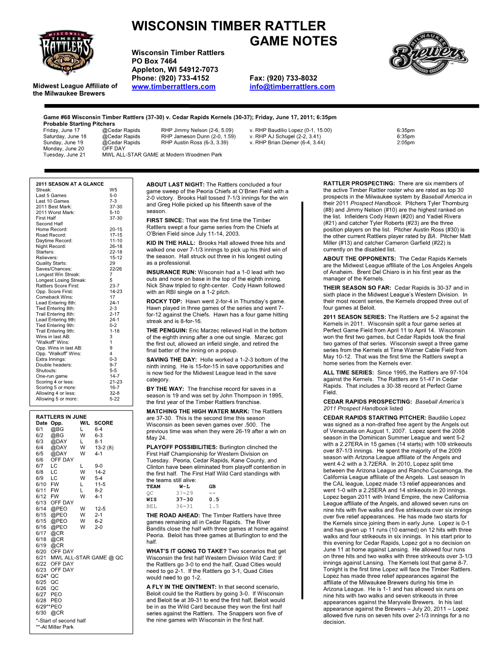 Wisconsin Timber Rattler Game Notes