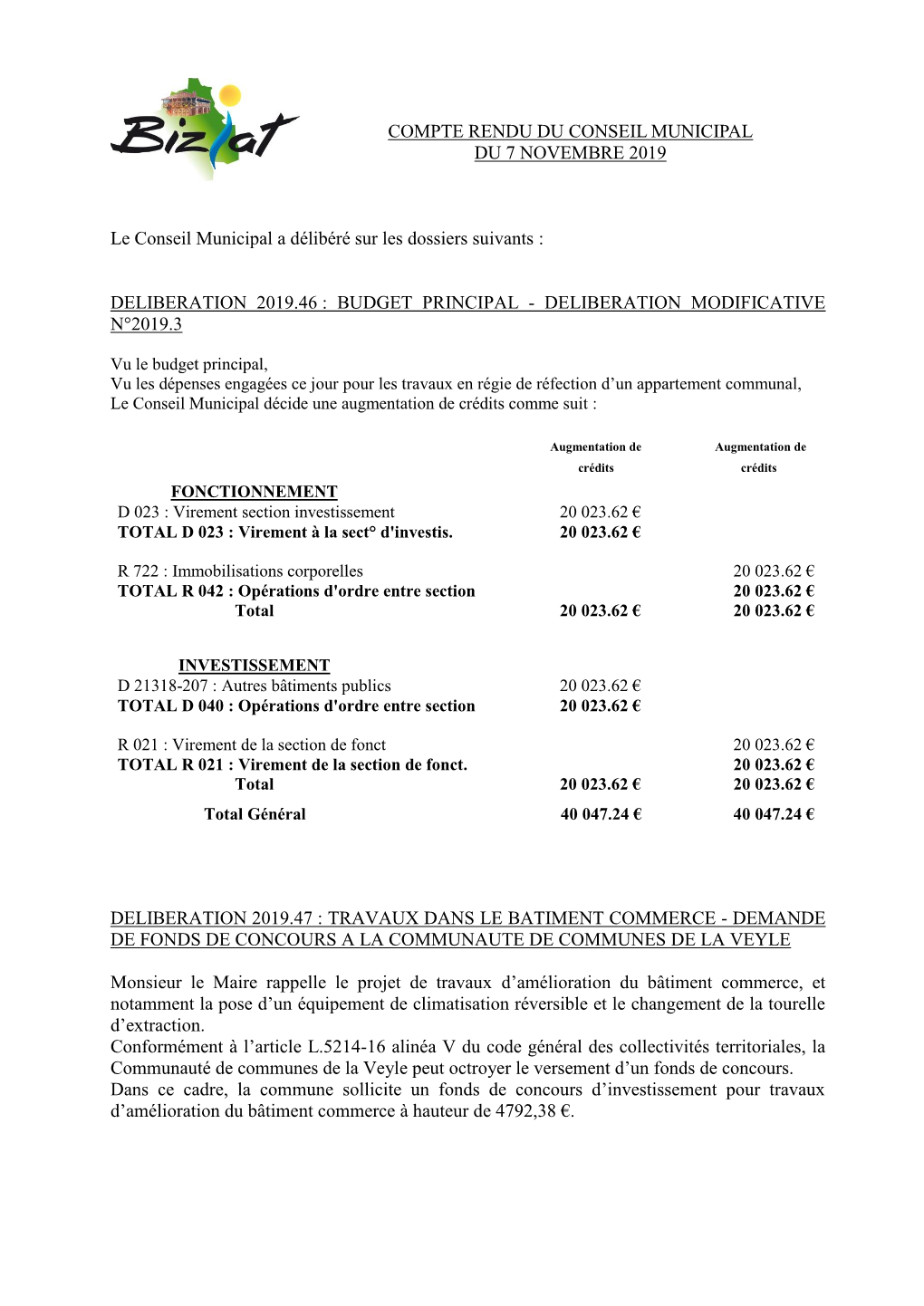 Deliberation 2019.46 : Budget Principal - Deliberation Modificative N°2019.3