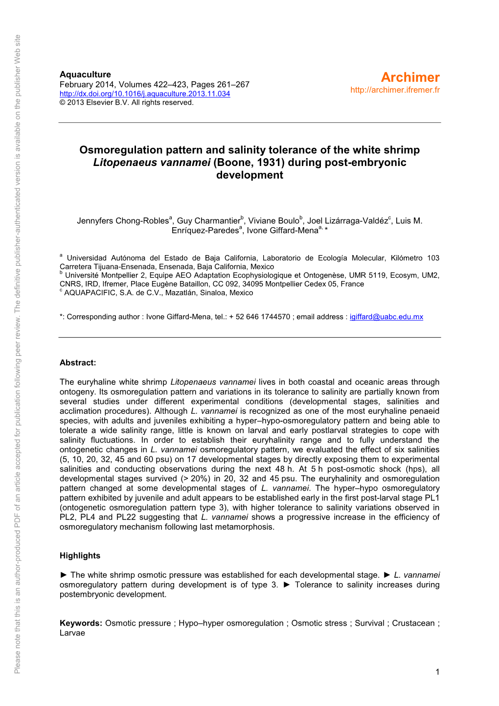 Osmoregulation Pattern and Salinity Tolerance of the White Shrimp of Thewhite Tolerance Salinity and Pattern Osmoregulation