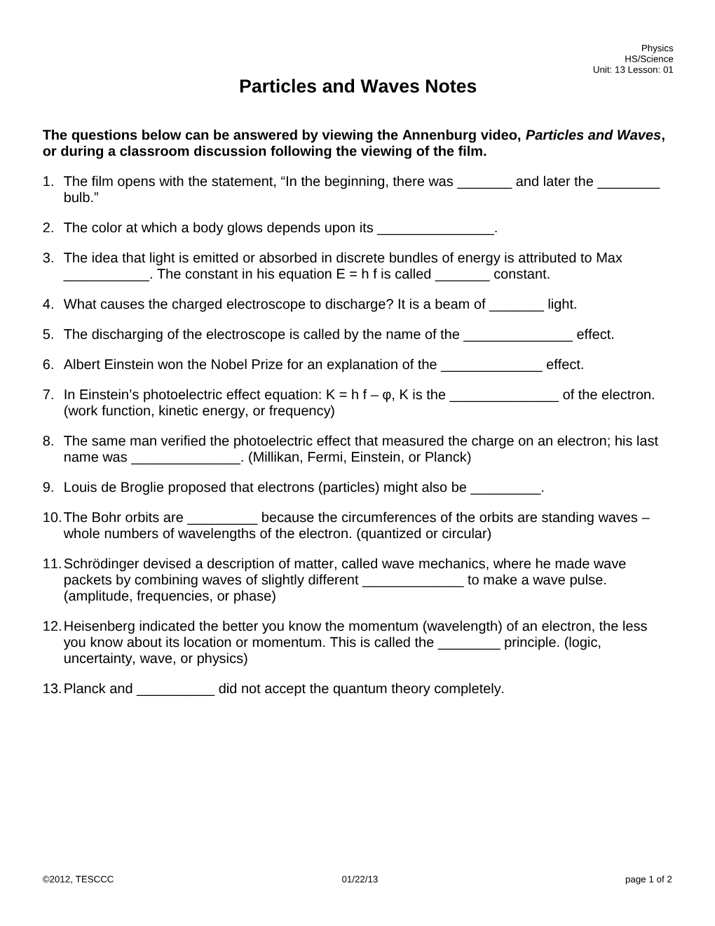 Particles and Waves Notes