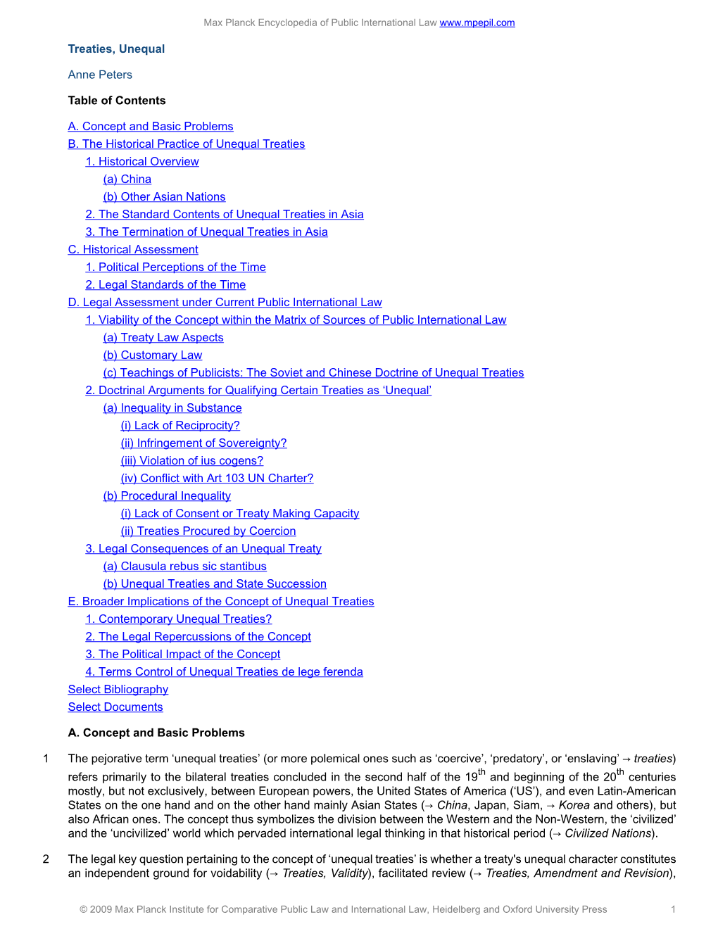 Treaties, Unequal Anne Peters Table of Contents A. Concept and Basic