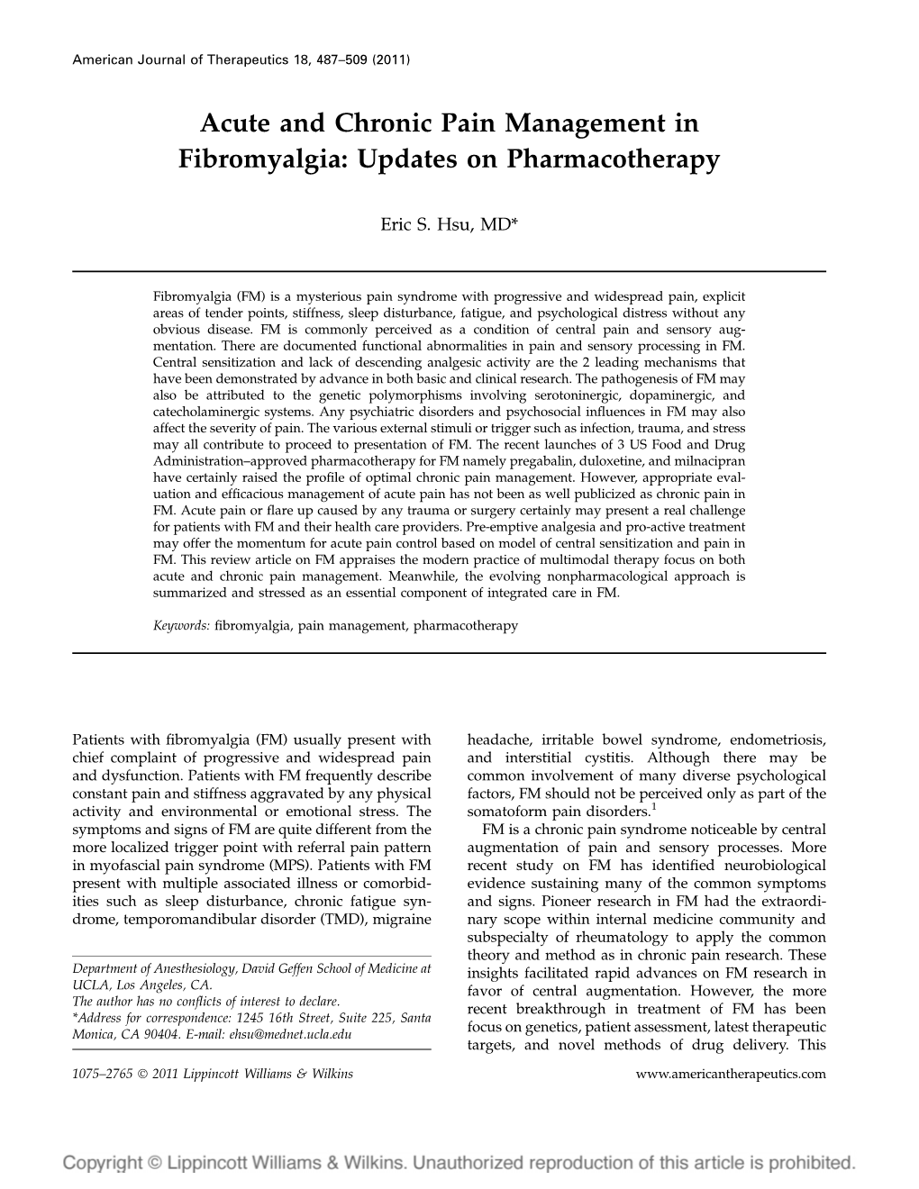 Acute and Chronic Pain Management in Fibromyalgia: Updates on Pharmacotherapy