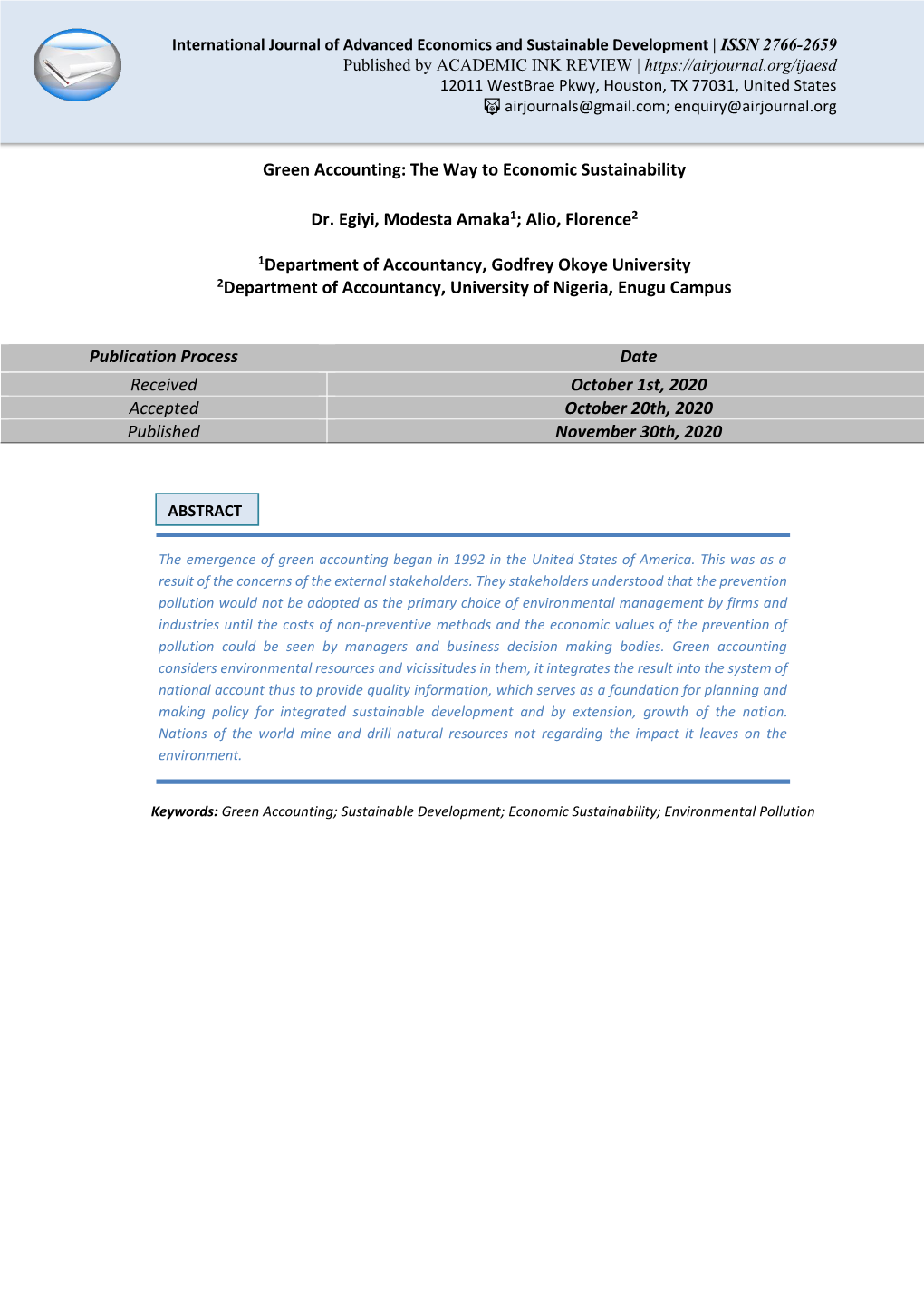 Green Accounting: the Way to Economic Sustainability Dr. Egiyi