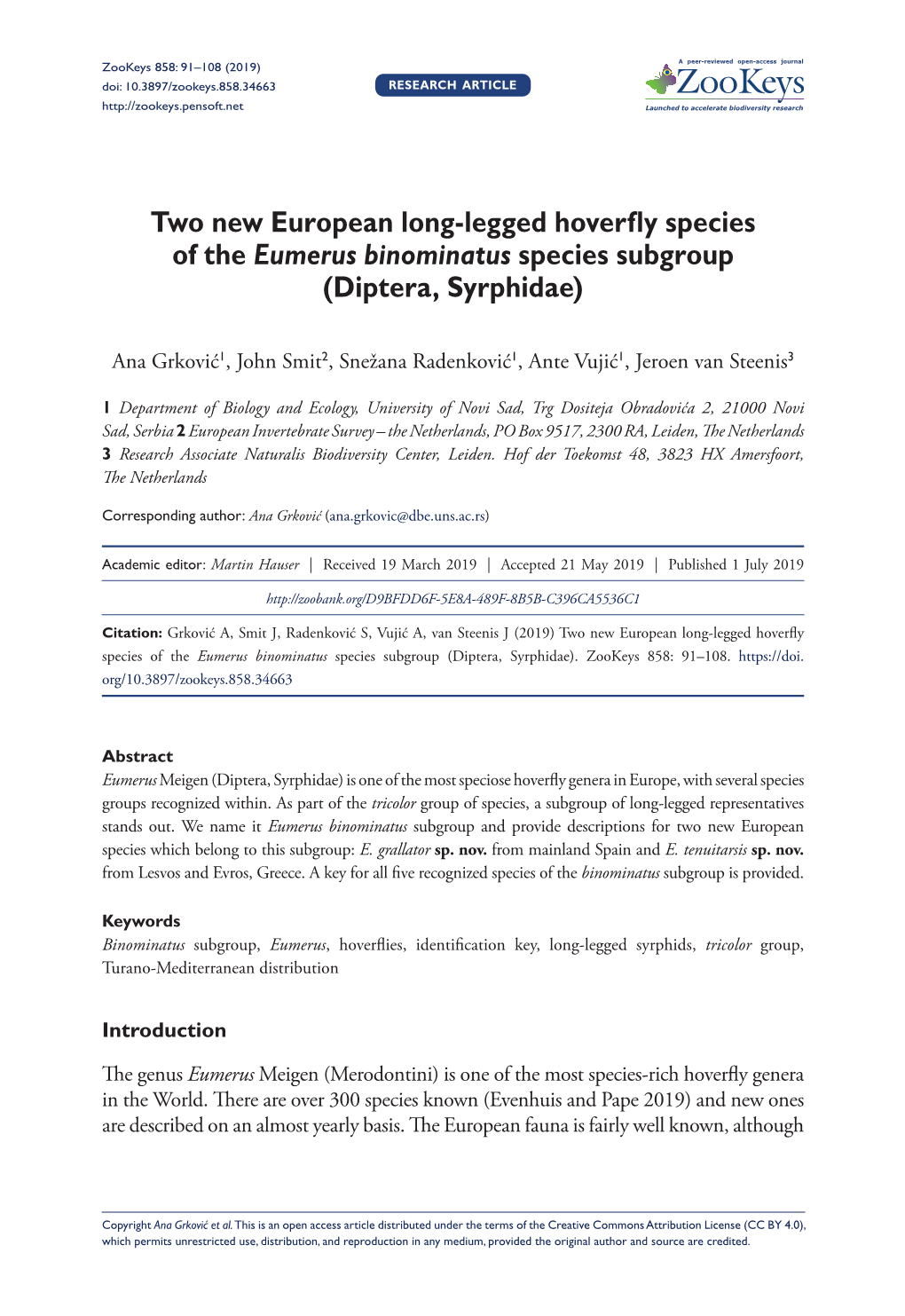 Two New European Long-Legged Hoverfly Species of the Eumerus Binominatus Species Subgroup (Diptera, Syrphidae)