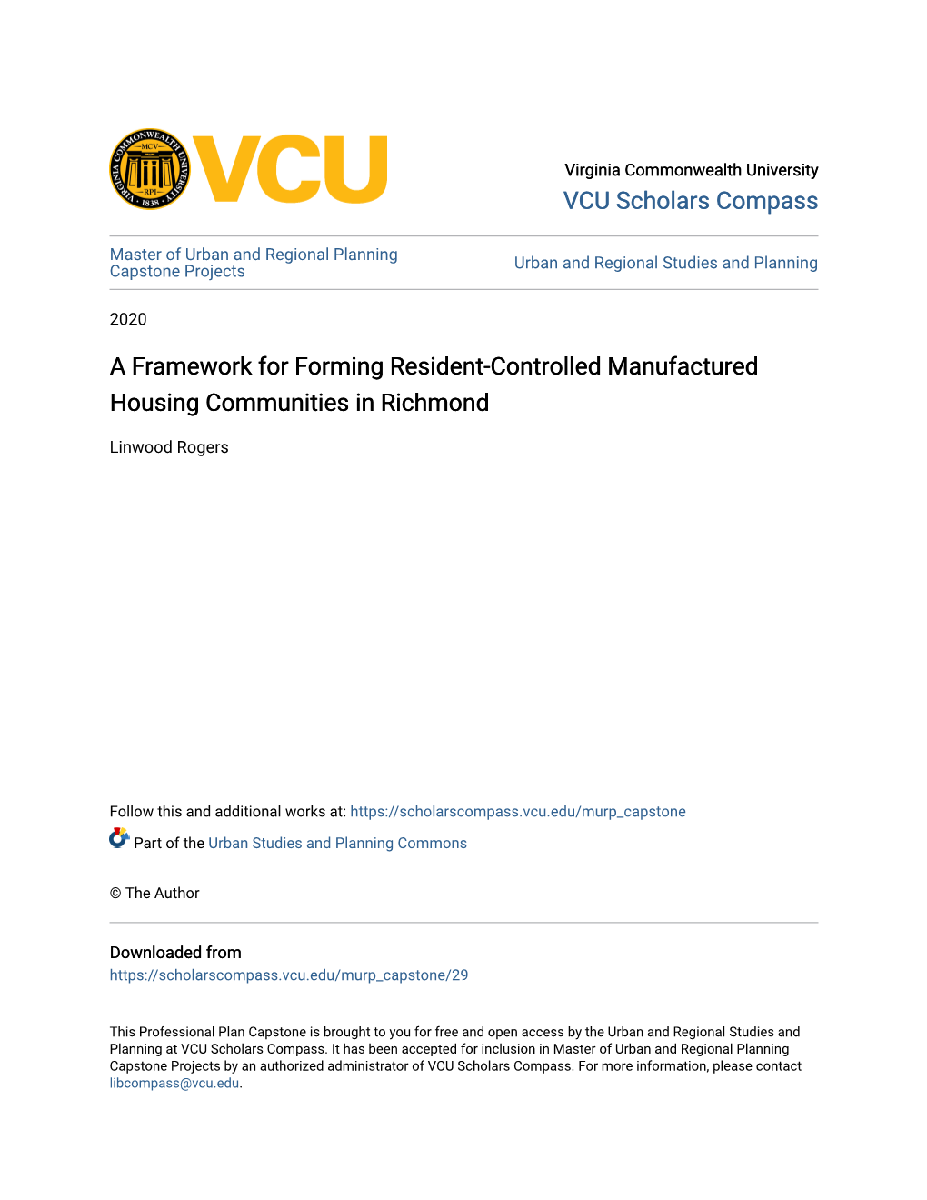 A Framework for Forming Resident-Controlled Manufactured Housing Communities in Richmond