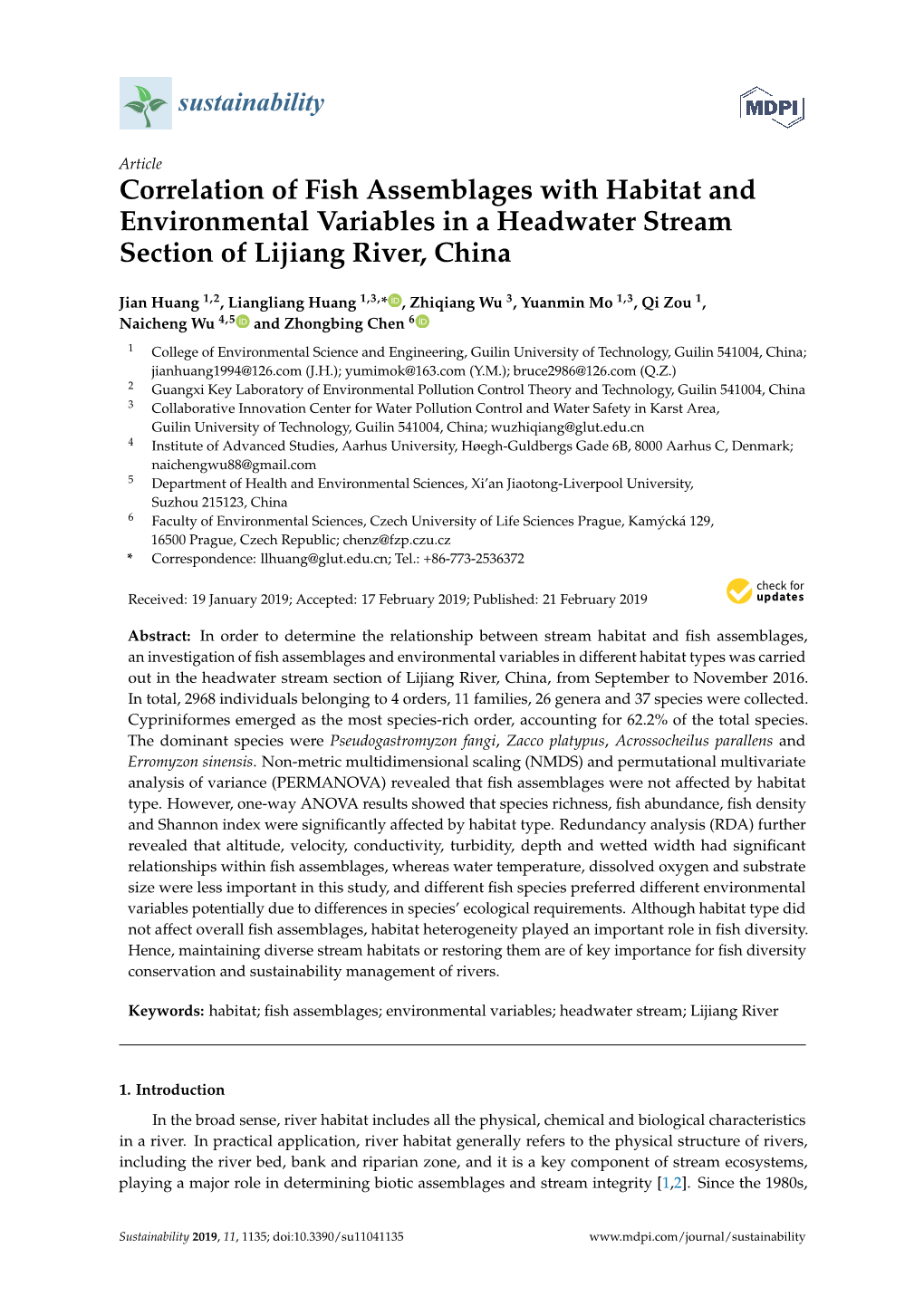 Correlation of Fish Assemblages with Habitat and Environmental Variables in a Headwater Stream Section of Lijiang River, China