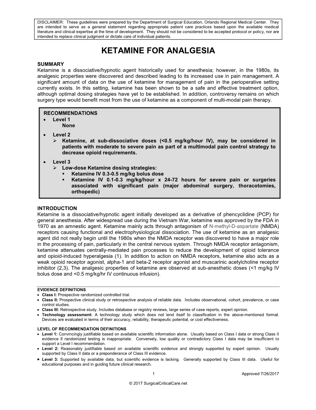 Ketamine for Analgesia