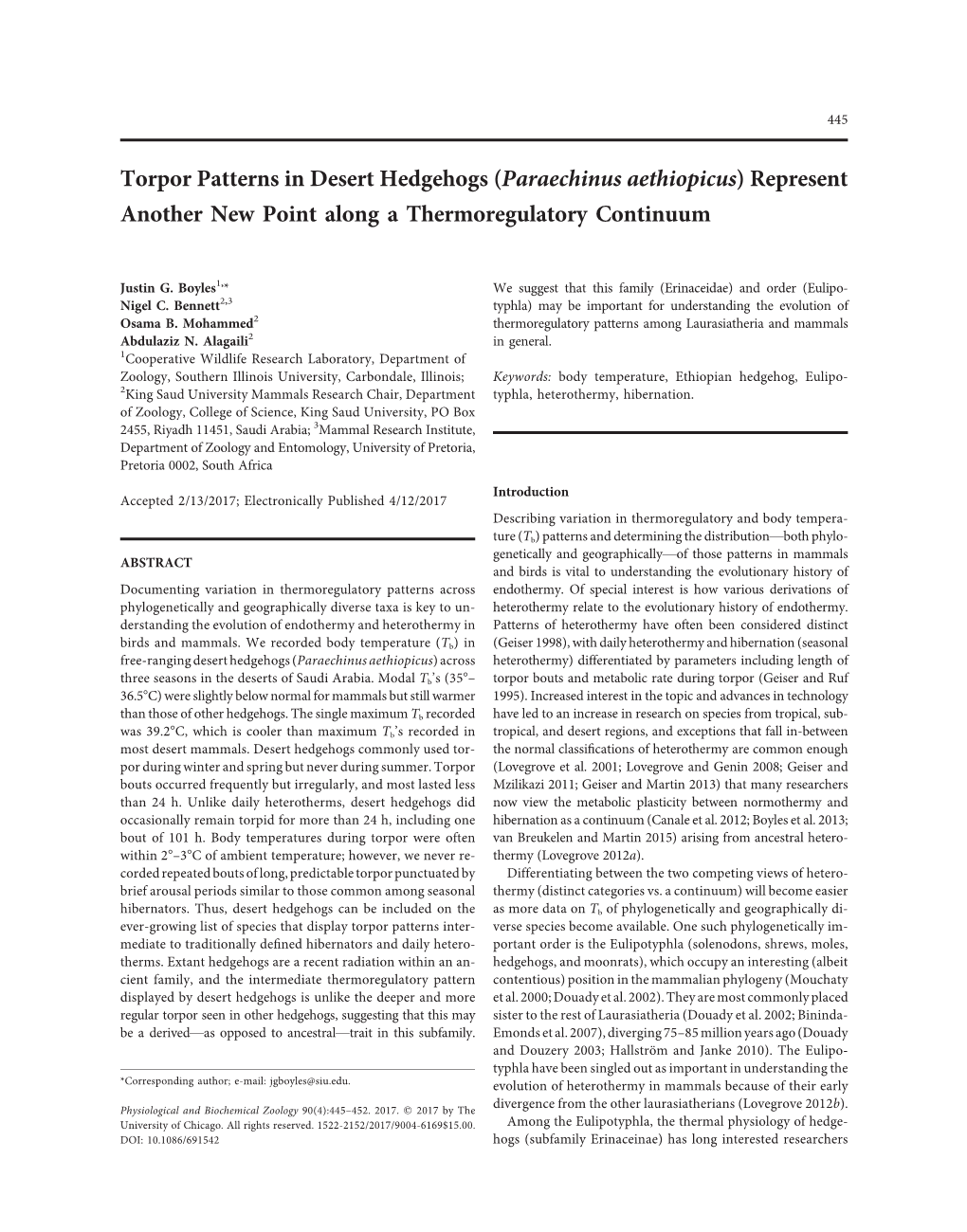 Torpor Patterns in Desert Hedgehogs (Paraechinus Aethiopicus) Represent Another New Point Along a Thermoregulatory Continuum