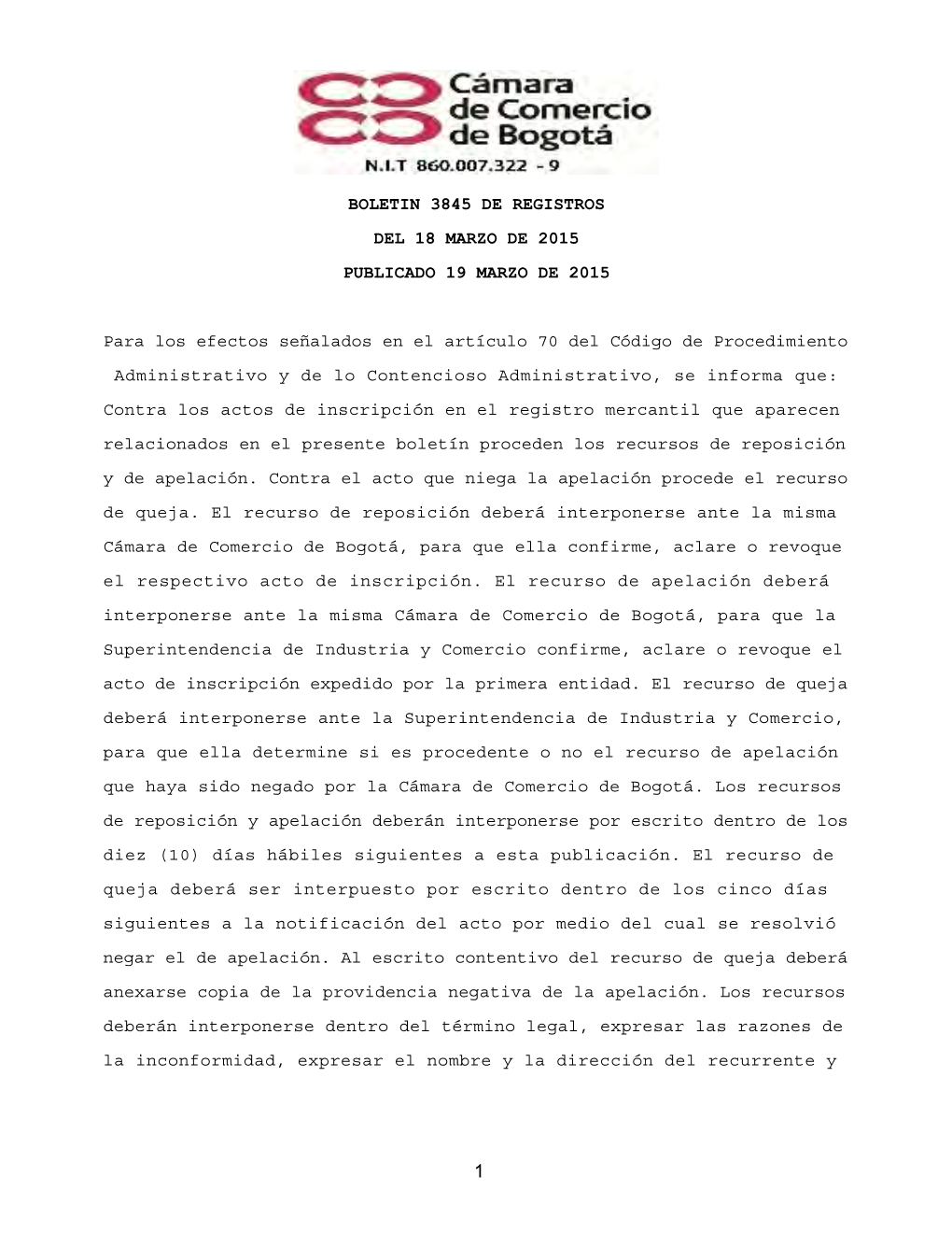 Boletin 3845 De Registros Del 18 Marzo De 2015 Publicado 19 Marzo De 2015