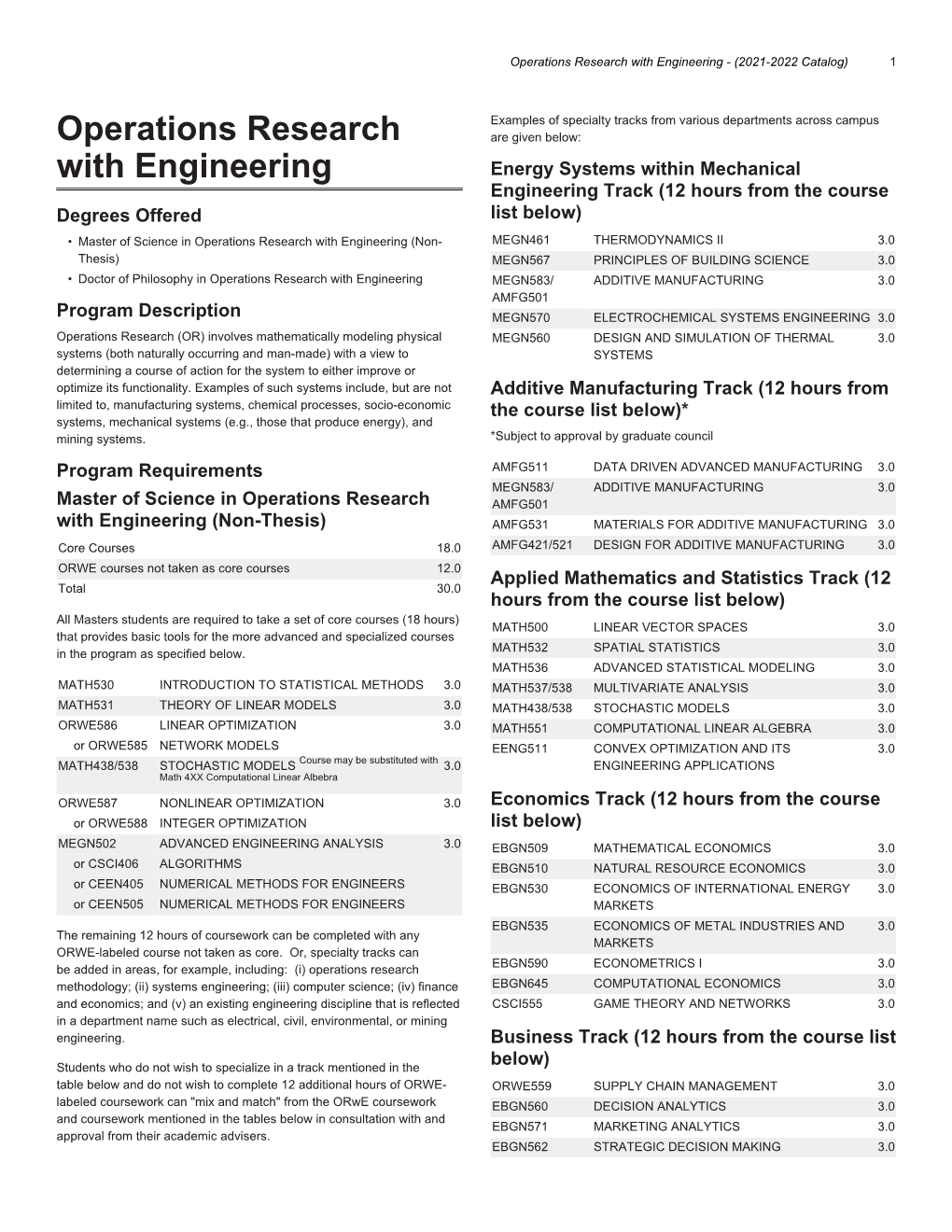 Operations Research with Engineering - (2021-2022 Catalog) 1