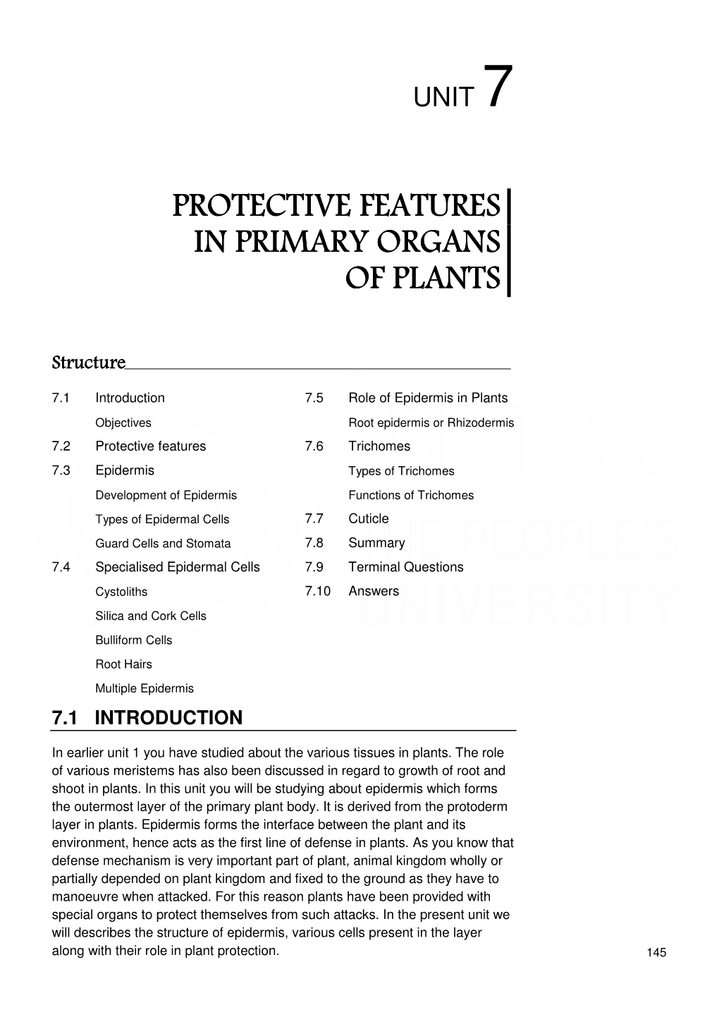 7.5 Role of Epidermis in Plants Objectives Root Epidermis Or Rhizodermis 7.2 Protective Features 7.6 Trichomes