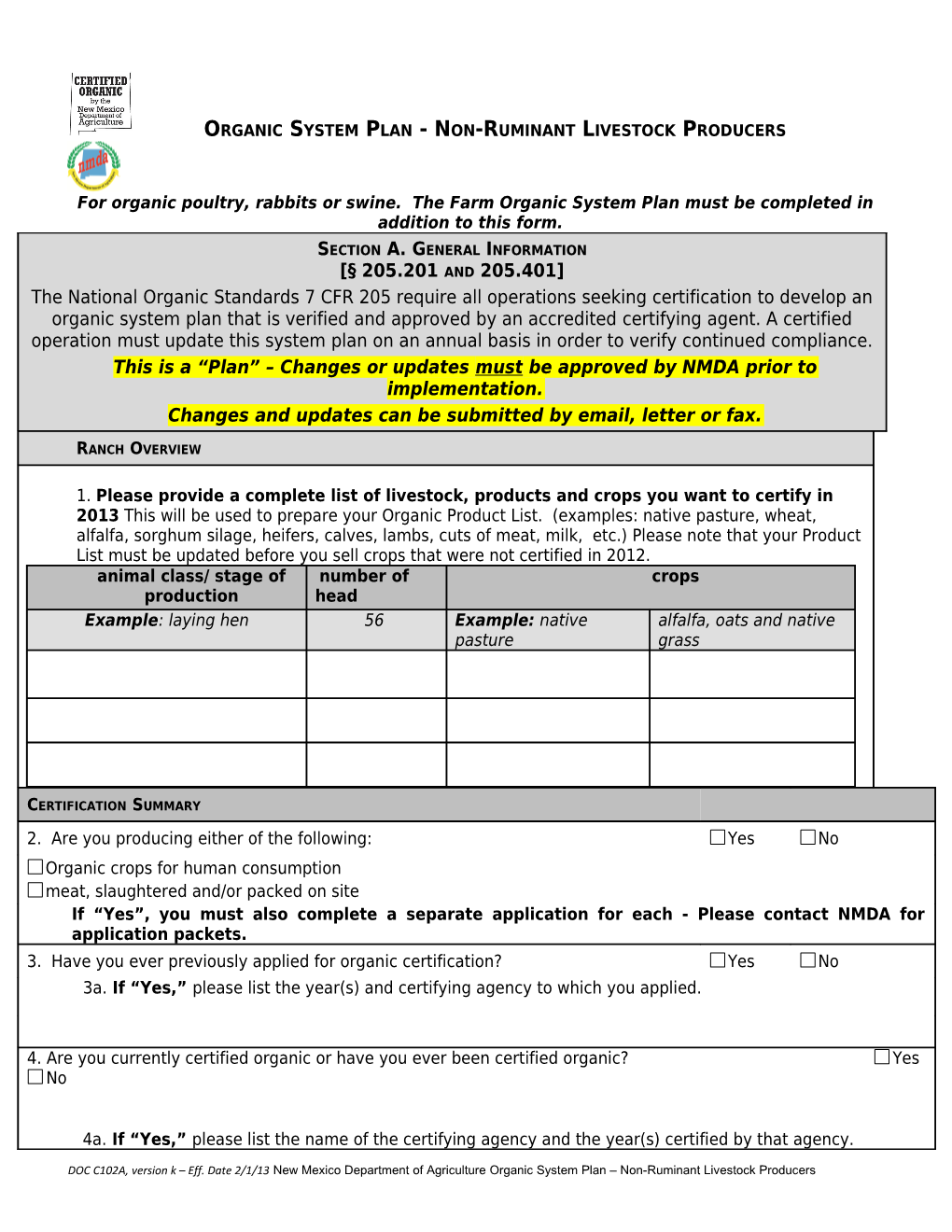 This Form Is to Be Completed by Operators Who Wish to Include Non-Ruminant Livestock Production