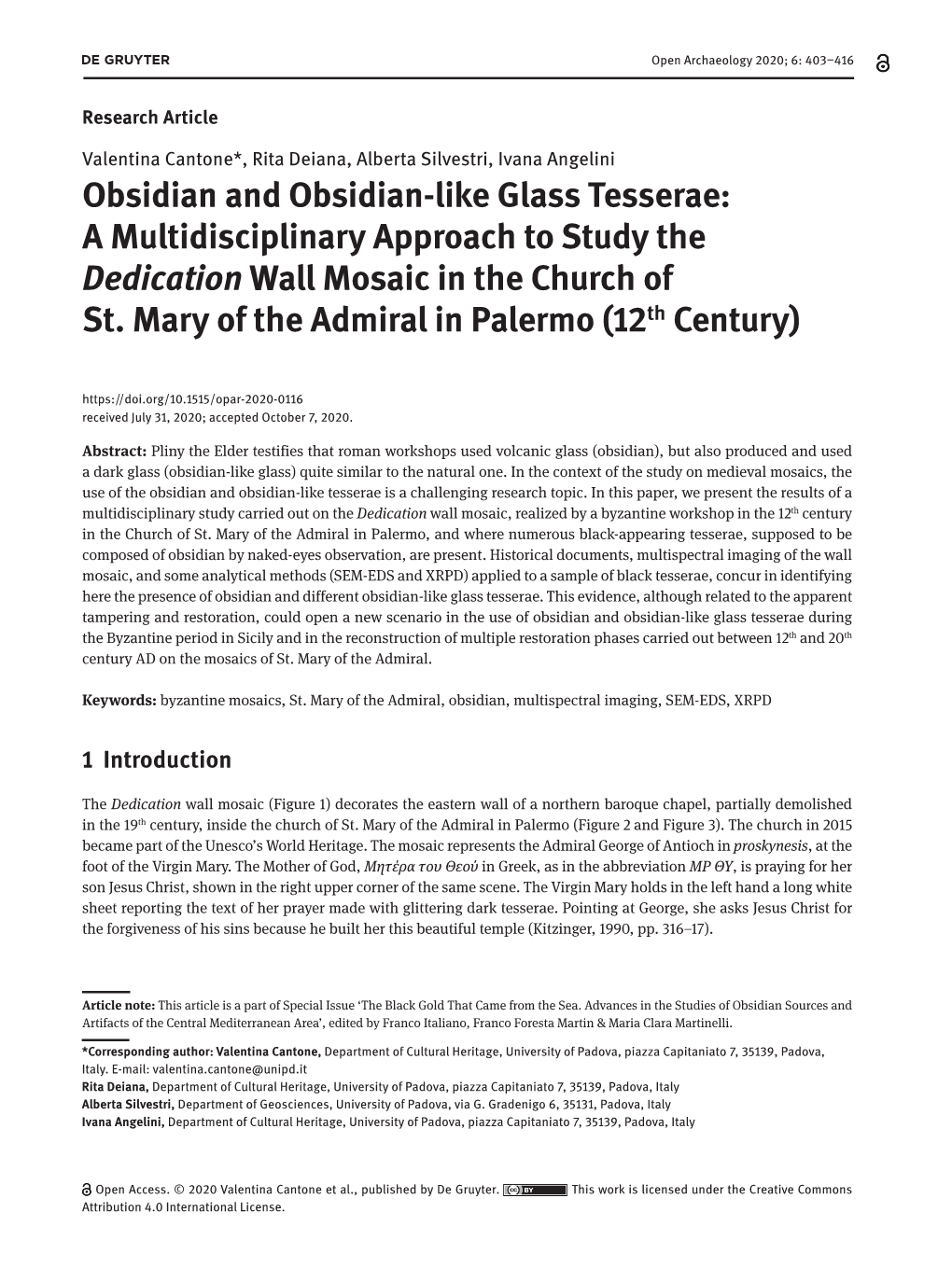 Obsidian and Obsidian-Like Glass Tesserae: a Multidisciplinary Approach to Study the Dedication Wall Mosaic in the Church of St