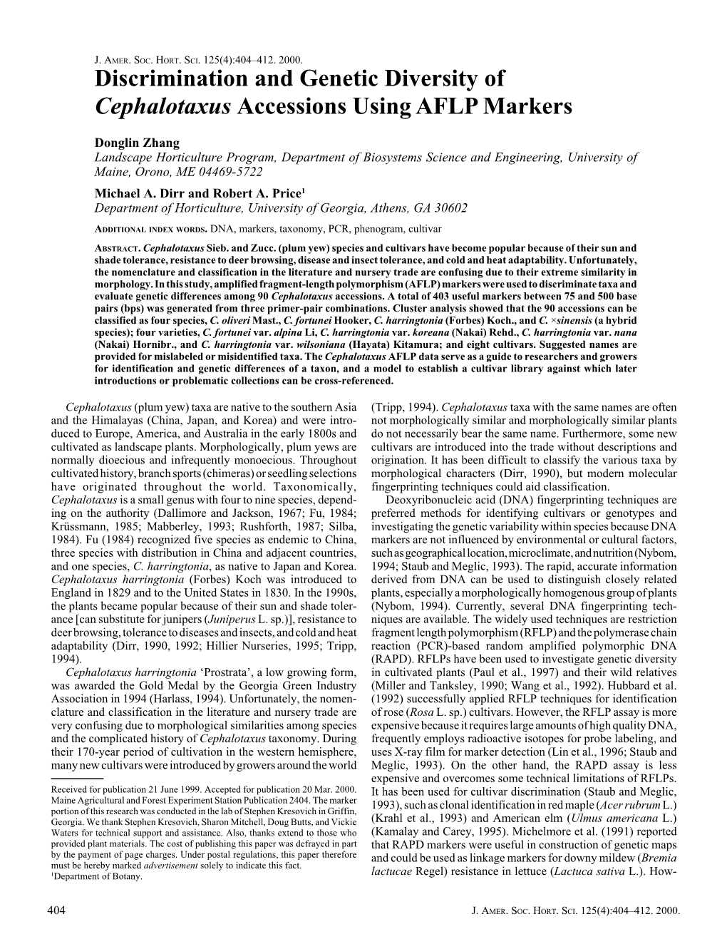 Discrimination and Genetic Diversity of Cephalotaxus Accessions Using AFLP Markers