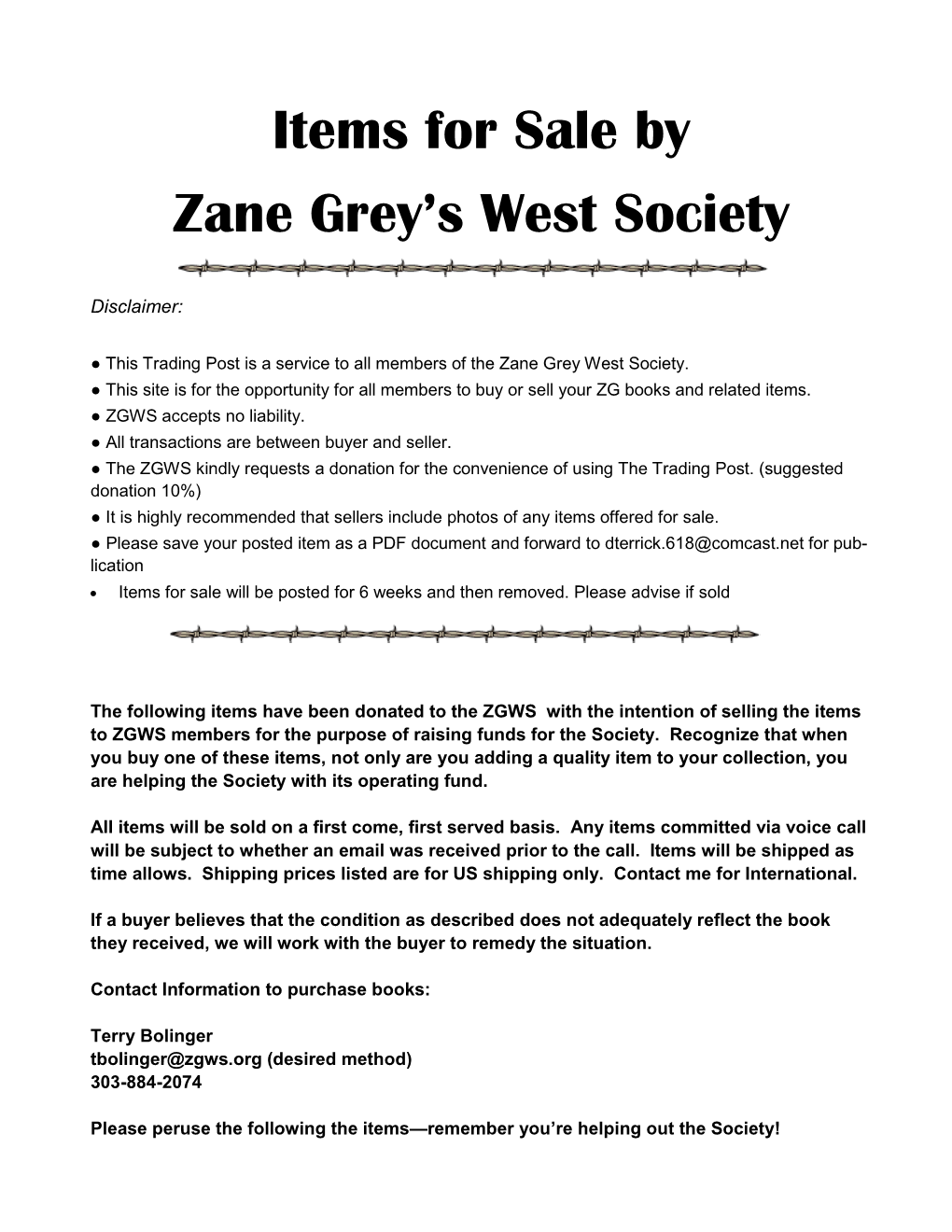 Items for Sale by Zane Grey's West Society