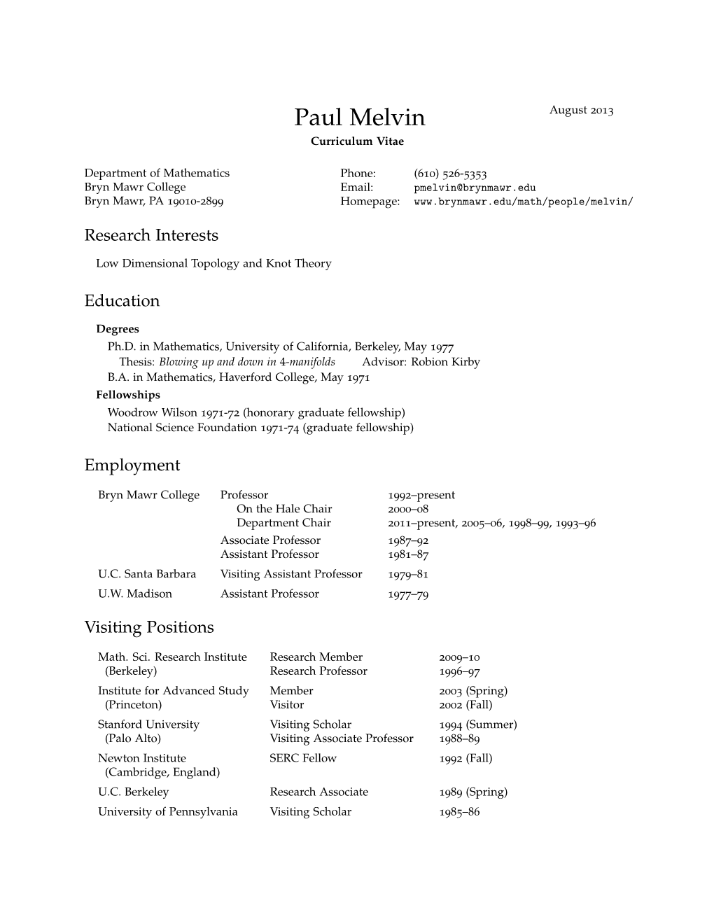 Paul Melvin: Curriculum Vitae