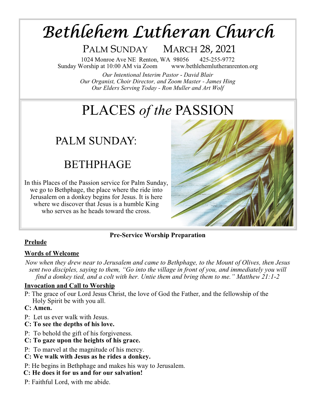 Bethlehem Lutheran Church PALM SUNDAY MARCH 28, 2021