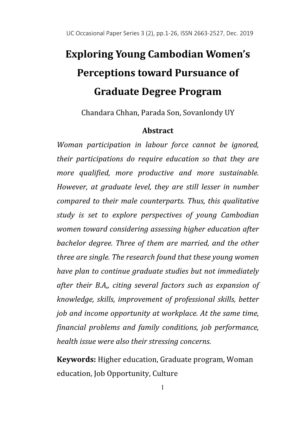 Exploring Young Cambodian Women's Perceptions Toward Pursuance of Graduate Degree Program