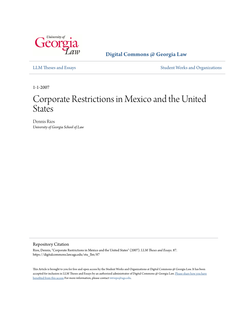 Corporate Restrictions in Mexico and the United States Dennis Rios University of Georgia School of Law