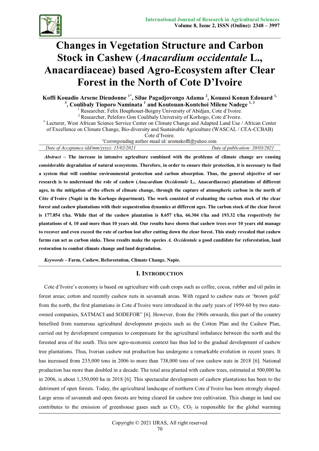 Changes in Vegetation Structure and Carbon Stock in Cashew