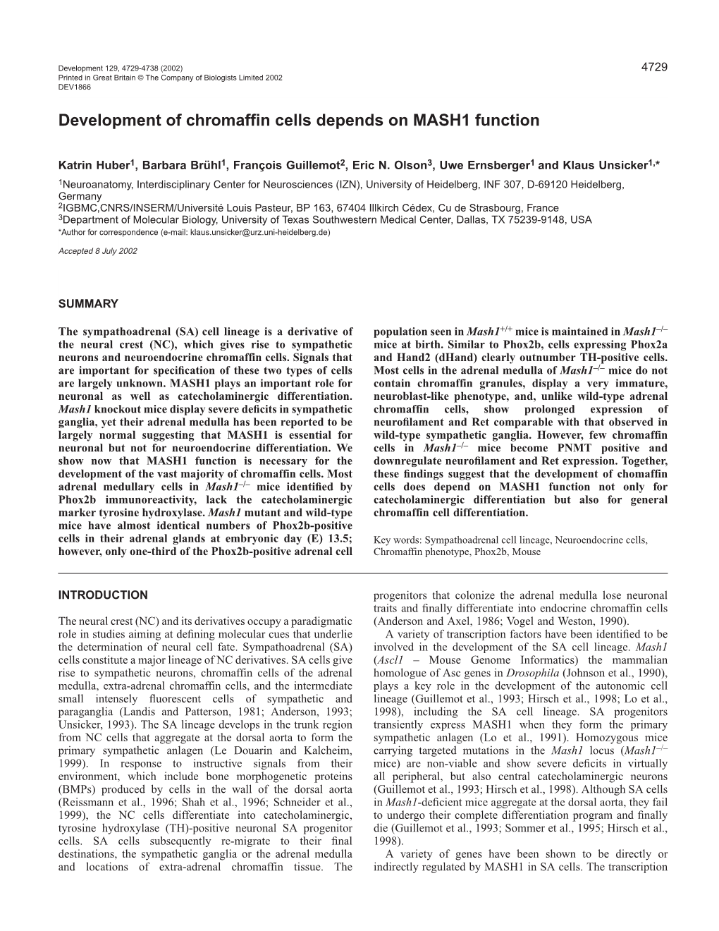 Chromaffin Cell Development in Mash1 Mutant Mice 4731