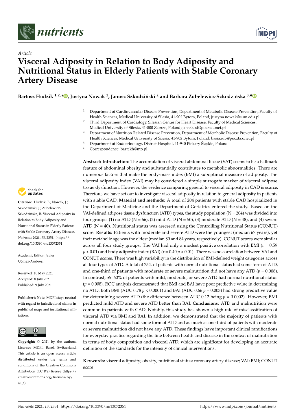 Visceral Adiposity in Relation to Body Adiposity and Nutritional Status in Elderly Patients with Stable Coronary Artery Disease