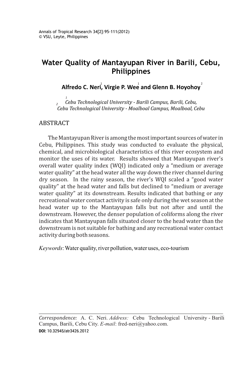 Water Quality of Mantayupan River in Barili, Cebu, Philippines