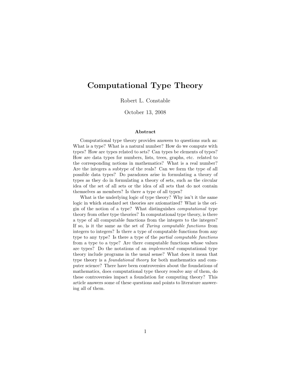 Computational Type Theory