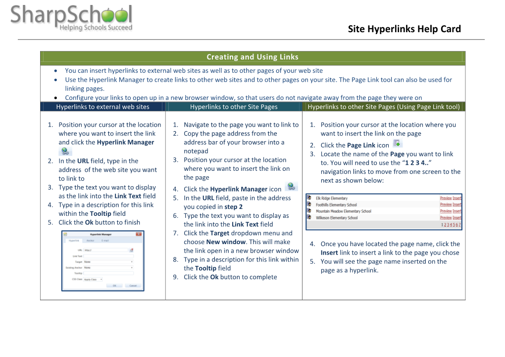 Site Hyperlinks Help Card