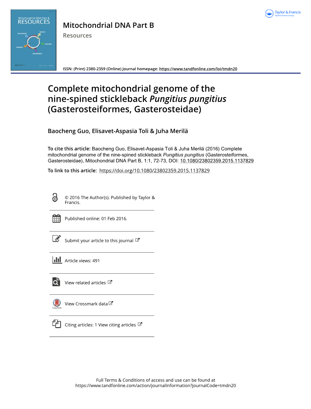 Complete Mitochondrial Genome of the Nine-Spined Stickleback Pungitius Pungitius (Gasterosteiformes, Gasterosteidae)