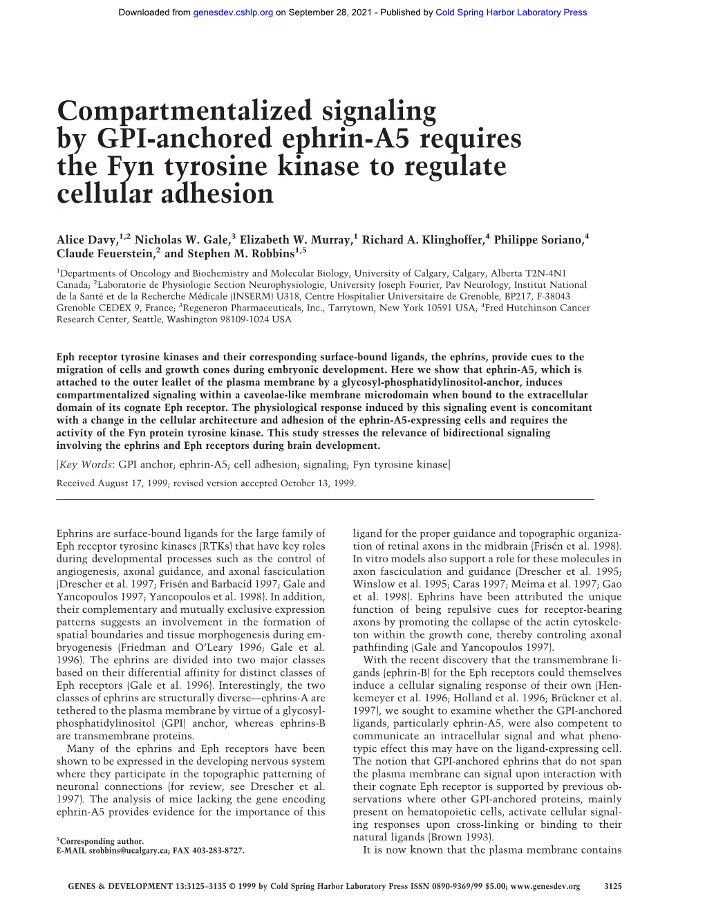 Compartmentalized Signaling by GPI-Anchored Ephrin-A5 Requires the Fyn Tyrosine Kinase to Regulate Cellular Adhesion