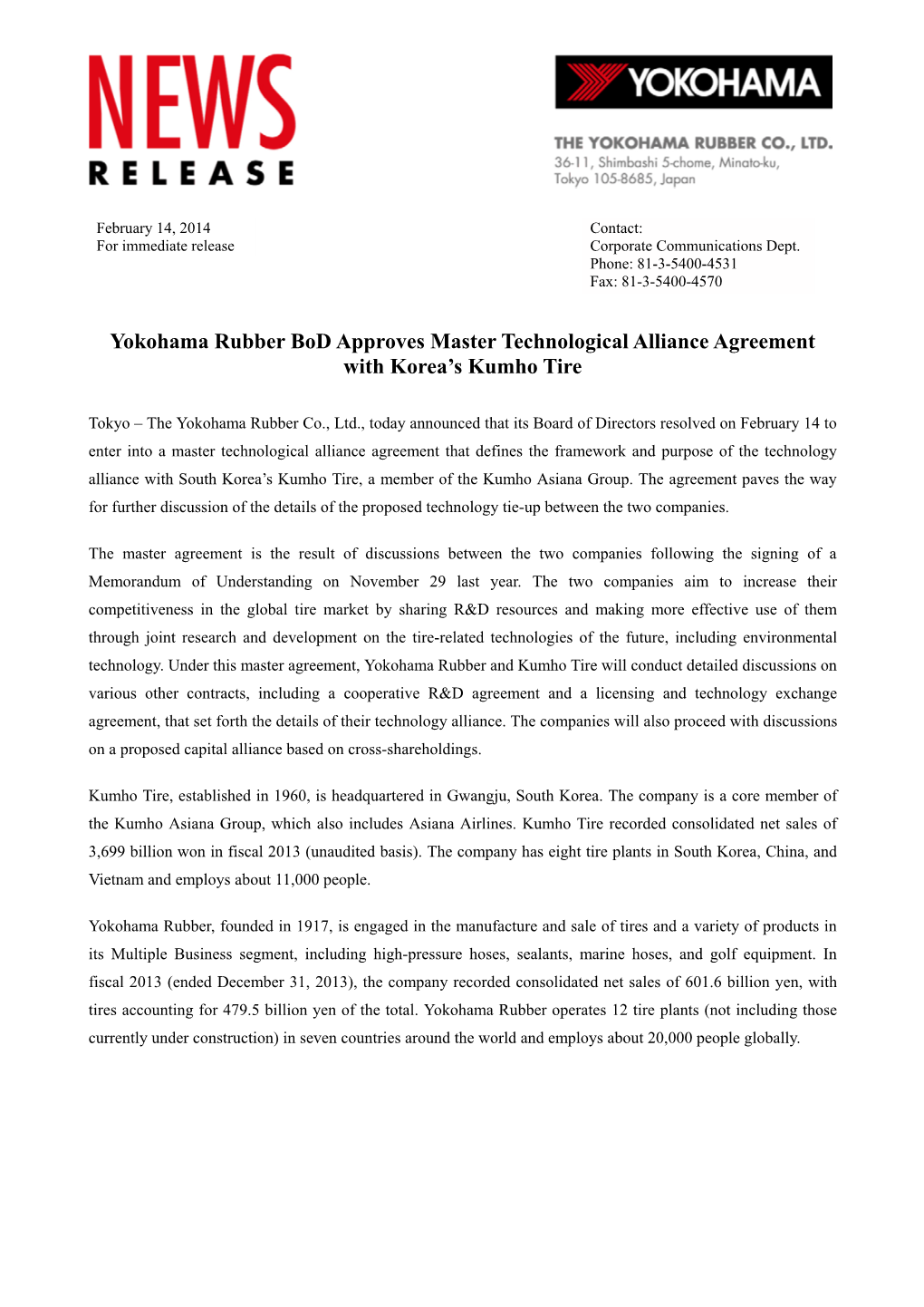 Yokohama Rubber Bod Approves Master Technological Alliance Agreement with Korea’S Kumho Tire