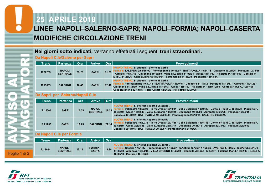 25 Aprile 2018 Linee Napoli–Salerno-Sapri; Napoli–Formia; Napoli–Caserta Modifiche Circolazione Treni