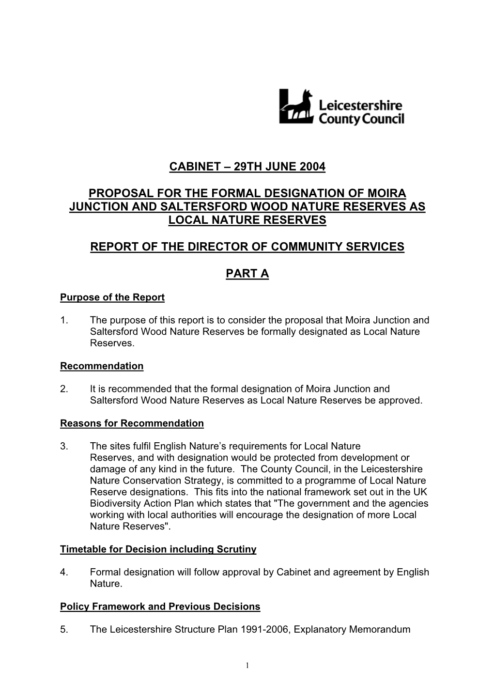 Cabinet – 29Th June 2004 Proposal for the Formal