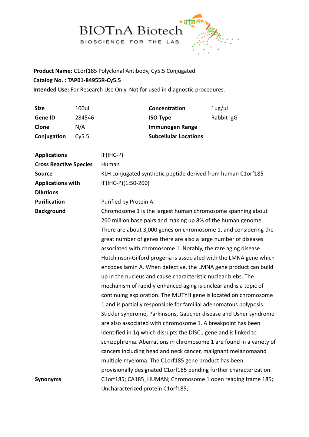 Product Name: C1orf185 Polyclonal Antibody, Cy5.5 Conjugated Catalog No