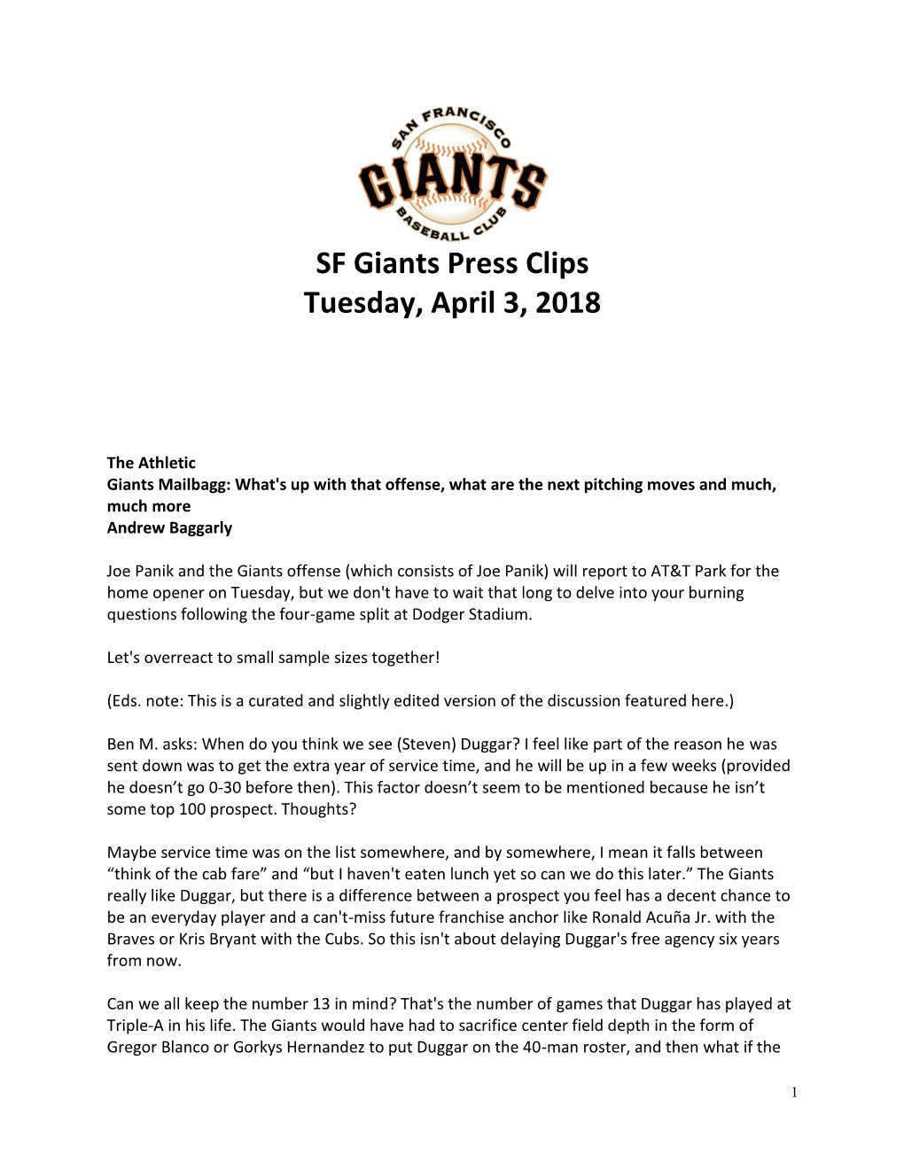 SF Giants Press Clips Tuesday, April 3, 2018