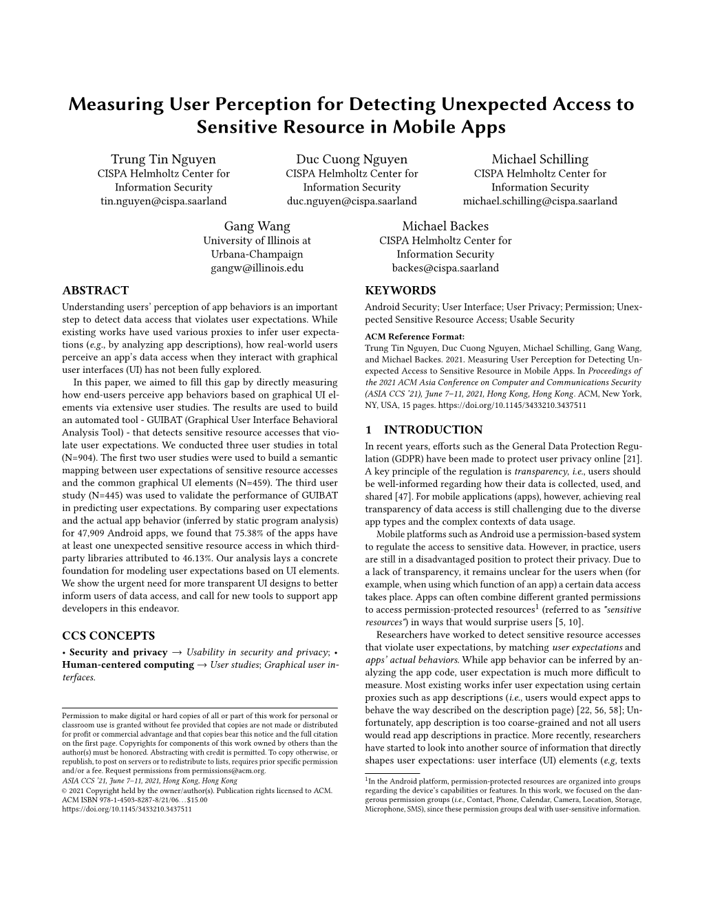 Measuring User Perception for Detecting Unexpected Access to Sensitive Resource in Mobile Apps
