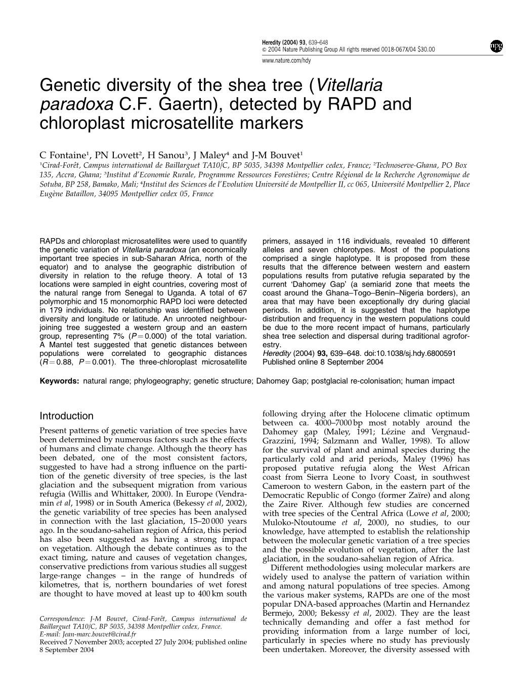 Genetic Diversity of the Shea Tree (Vitellaria Paradoxa C.F