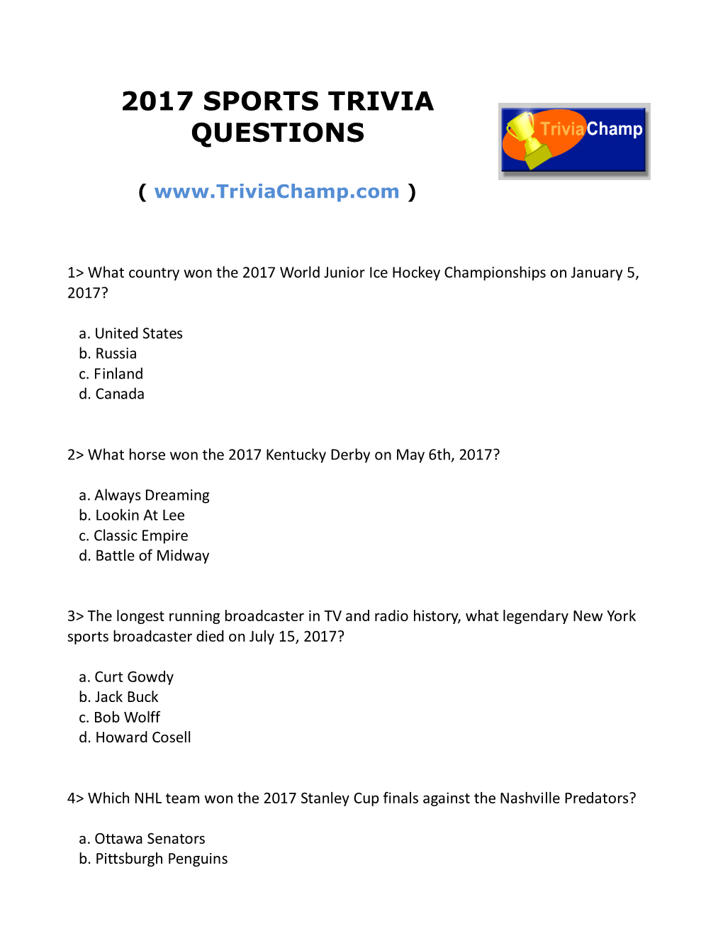 2017 Sports Trivia Questions