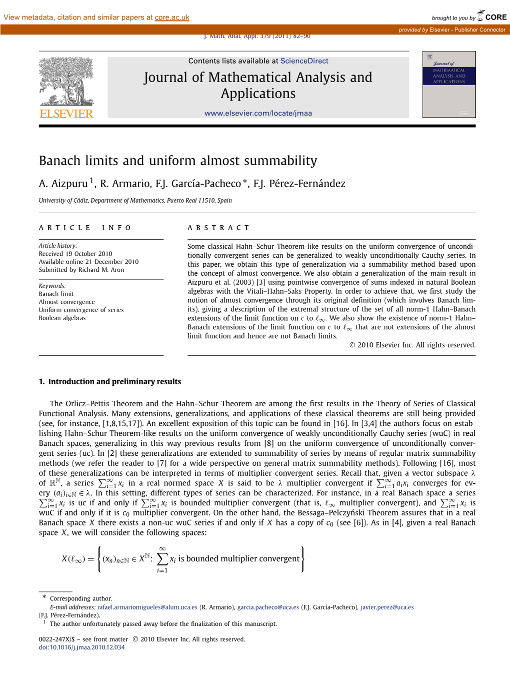 Banach Limits and Uniform Almost Summability ∗ A